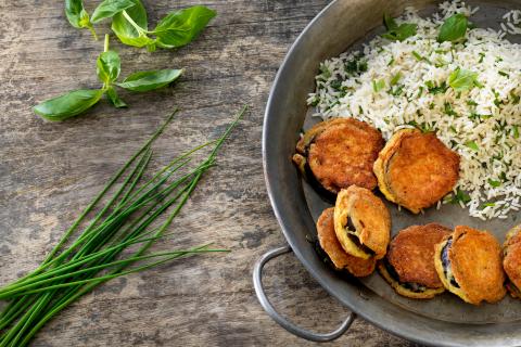 Aubergine piccata with herby rice