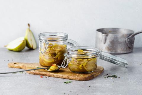 Spicy sour pear jam with rosemary