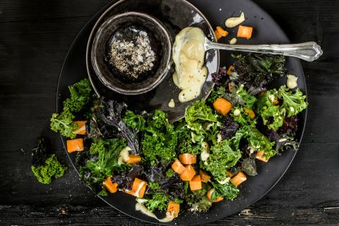 Warm sweet potato & curly kale salad