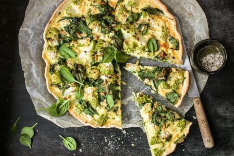 Broccoli quiche with baby spinach