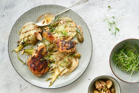 Chicken on a bed of fennel with caper & lime salsa
