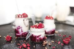 Cashew & date cream on a raspberry coulis