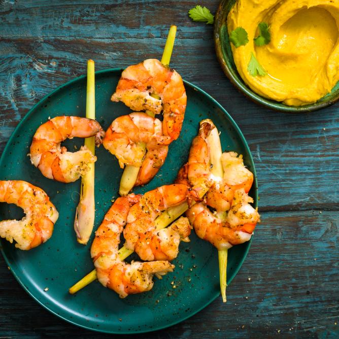 Grilled prawns with a sweet potato dip