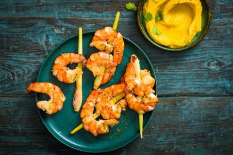 Grilled prawns with a sweet potato dip