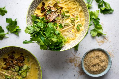 Coconut curry ramen with marinated mushrooms
