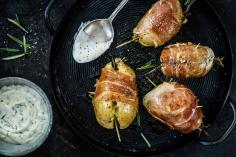 Grilled potatoes wrapped in ham