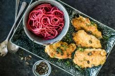 Piccata with beetroot spaghetti