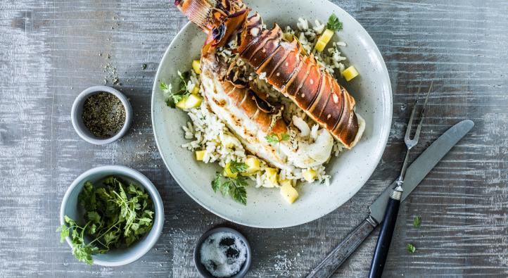 Spiny lobster tail with coconut & mango pilaf