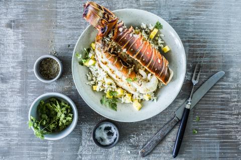 Spiny lobster tail with coconut & mango pilaf