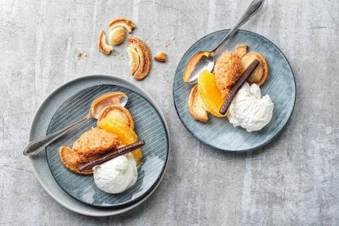 Sweet puff pastry slices with carrot salad and coconut ice cream
