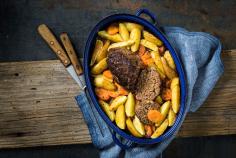Beef meatloaf with roast potatoes and carrots 