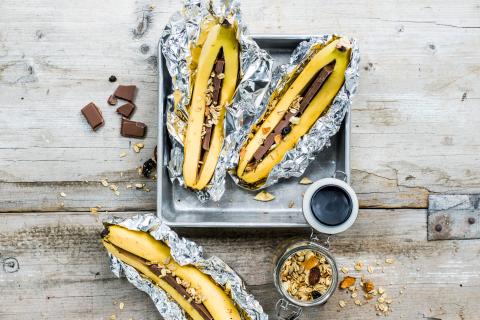 Chocolate baked bananas with sweet potato granola