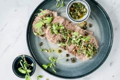 Boiled meat with micro green salsa verde