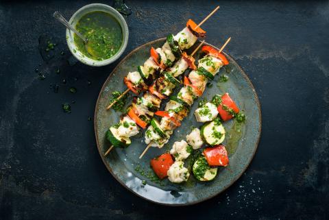 Monkfish & vegetable kebabs  