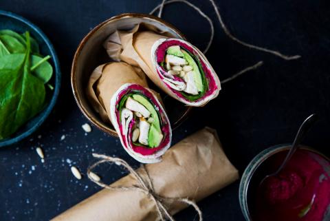 Wraps with beetroot hummus and chicken