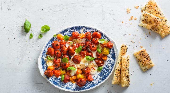 Roasted tomato Caprese salad with a parmesan crust