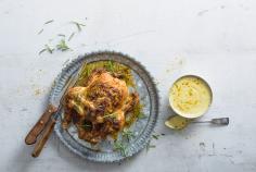 Roast chicken with banana curry sauce