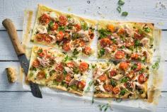 Tarte flambée with smoked trout