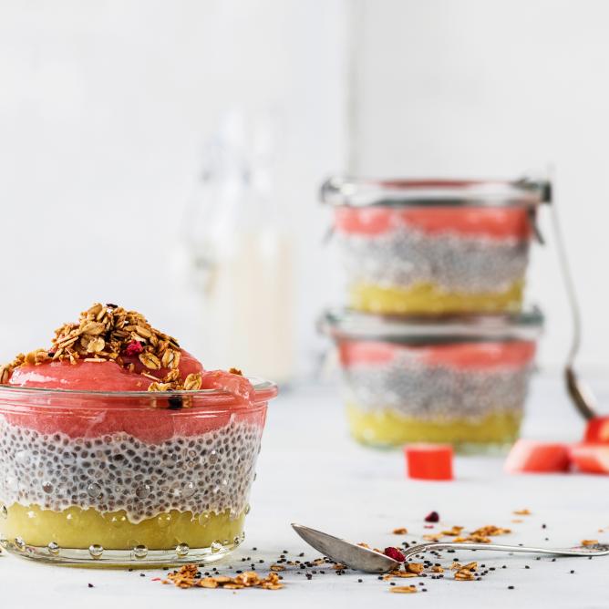 Chia pudding with rhubarb and apple puree Video