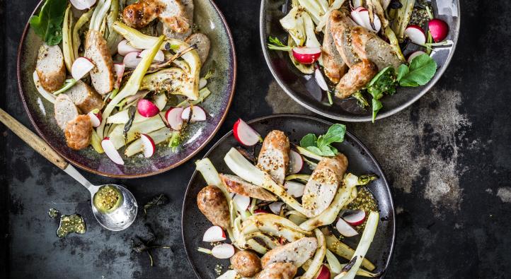 Grilled bratwurst and fennel salad