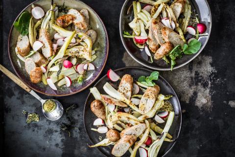 Grilled bratwurst and fennel salad