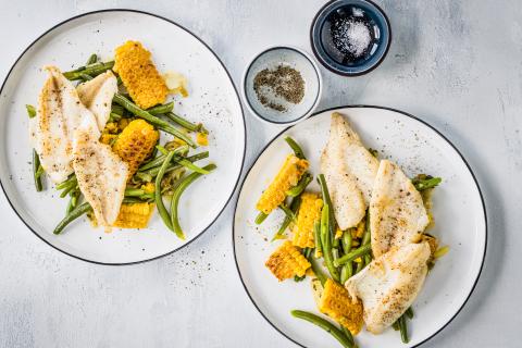 Perch fillets with beans and sweetcorn