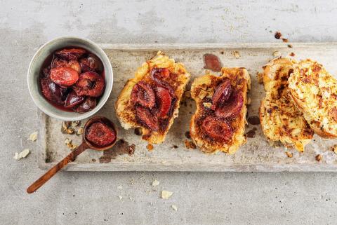 Coconut and almond French toast with plums