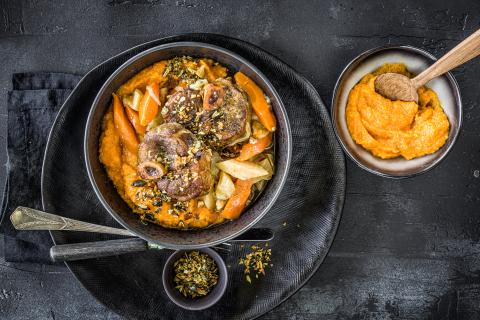 Braised pork knuckles with squash puree