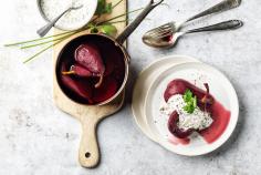 Pears poached in red wine with ham sauce