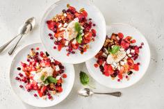Fudge quenelles on strawberry-beetroot salad