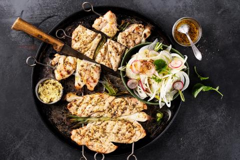 Chicken skewers with mustard and rosemary butter