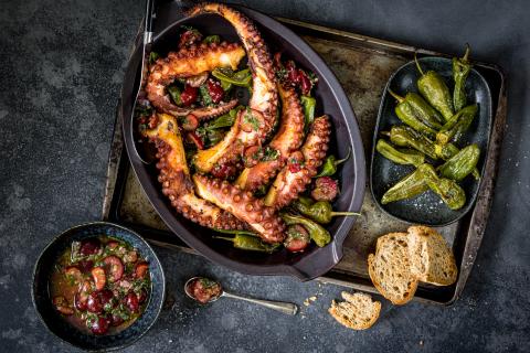Grilled octopus with pimientos and cherries