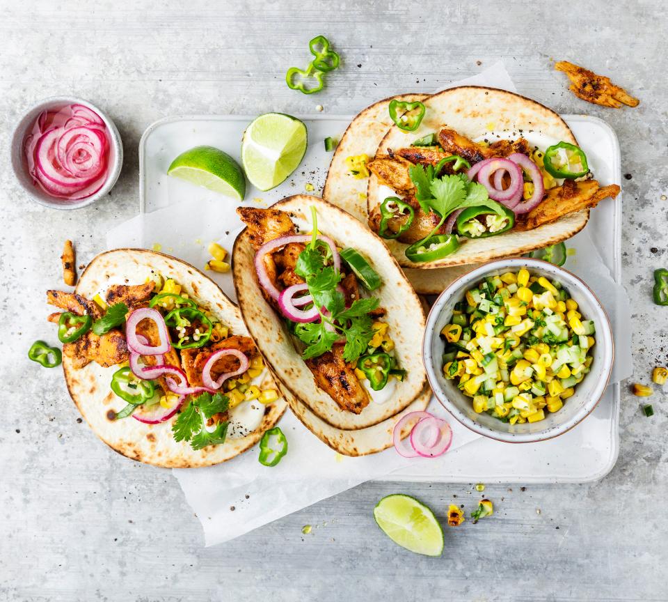 Planted chicken tacos with corn and cucumber salsa