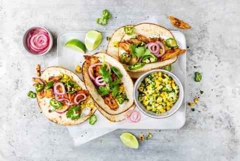 Planted chicken tacos with corn and cucumber salsa