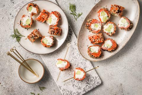 Mini salmon and cream cheese rolls