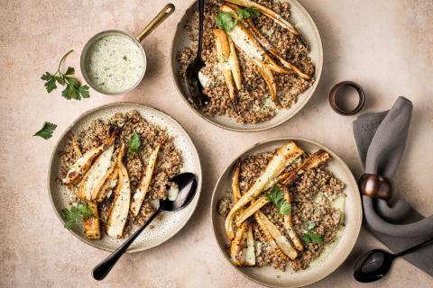 Roasted parsnips with buckwheat risotto
