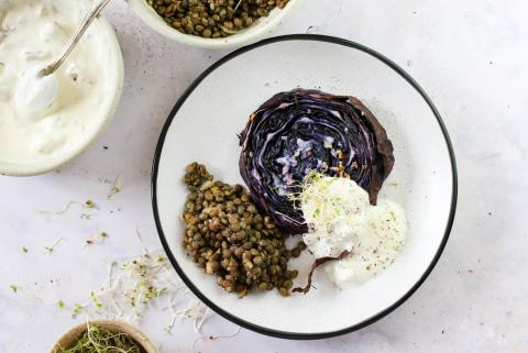 Roasted red cabbage with balsamic lentils
