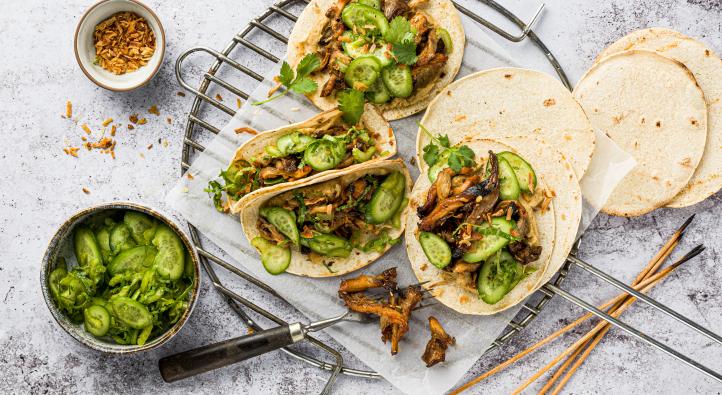 Pulled mushroom tacos from the grill