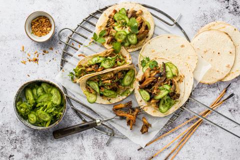 Pulled mushroom tacos from the grill