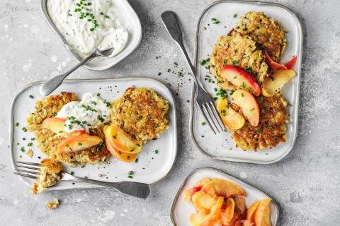 Parsnip and potato latkes with stewed apples
