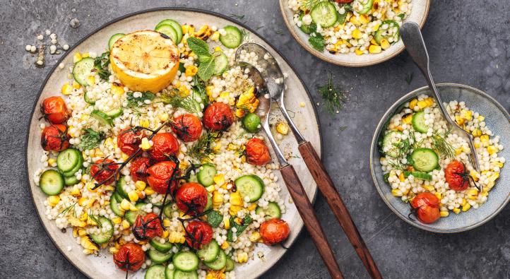 Couscous salad with grilled tomatoes and sweetcorn