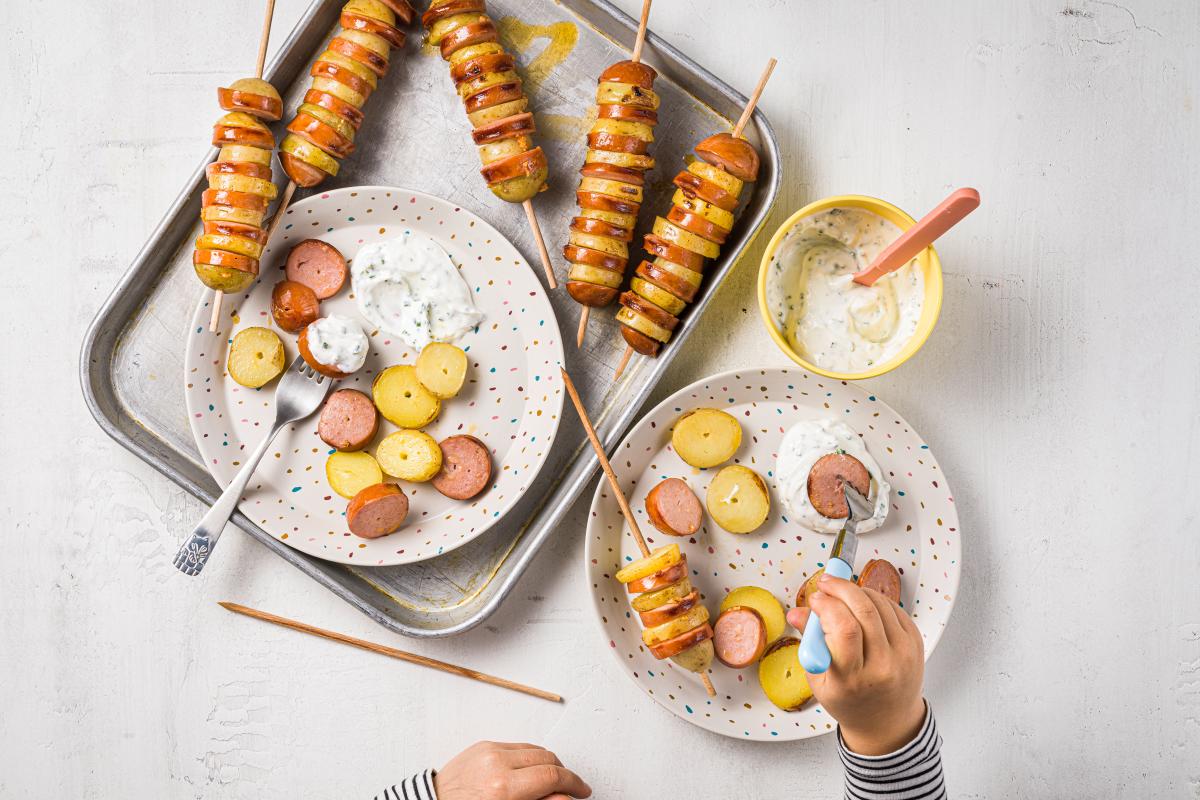Grilled potato & sausage skewers - Recipes | little FOOBY