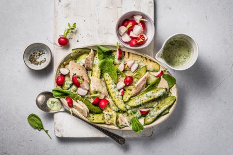 Grilled cucumber salad with radish and trout