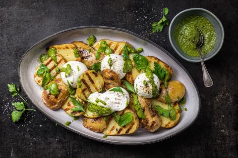 Grilled potatoes with pesto and burrata