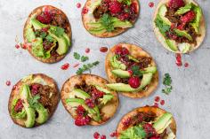 Tostadas with beef and raspberry salsa