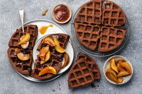 Chocolate waffles with caramelized pears