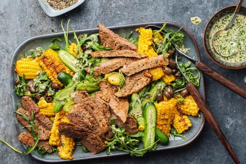 Grilled steak with sweetcorn and cucumber salad