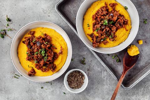 Polenta with aubergine and mince ragout