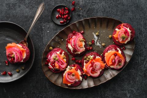 Beetroot blinis with salmon