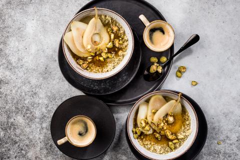 Pistachio custard with yuzu & cinnamon pears